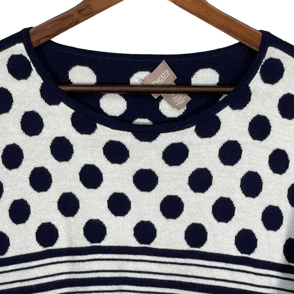 Chico's Pullover Sweater Women Size L (2) Blue White Polka Dot Striped - Picture 3 of 8